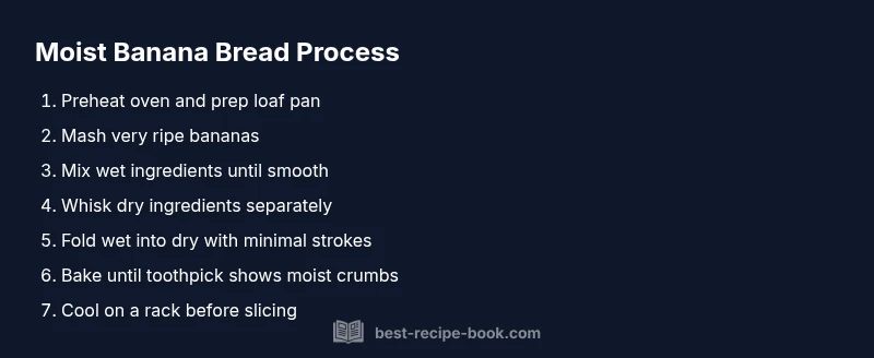 Process infographic showing 6 steps to moist banana bread