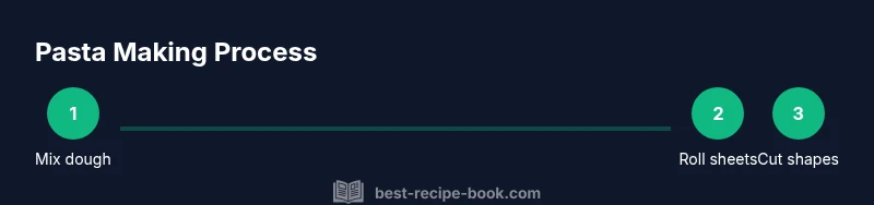 Infographic demonstrating pasta dough mixing, rolling, and cutting steps