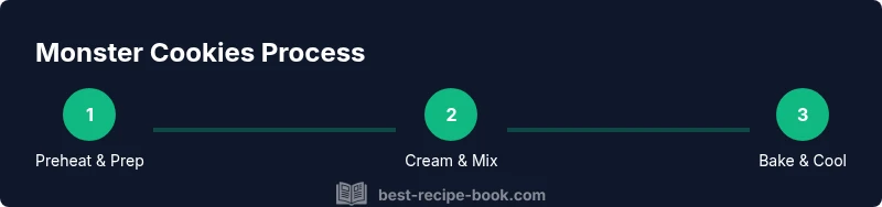 Diagram showing a 3-step process for monster cookies: Preheat, Mix, Bake